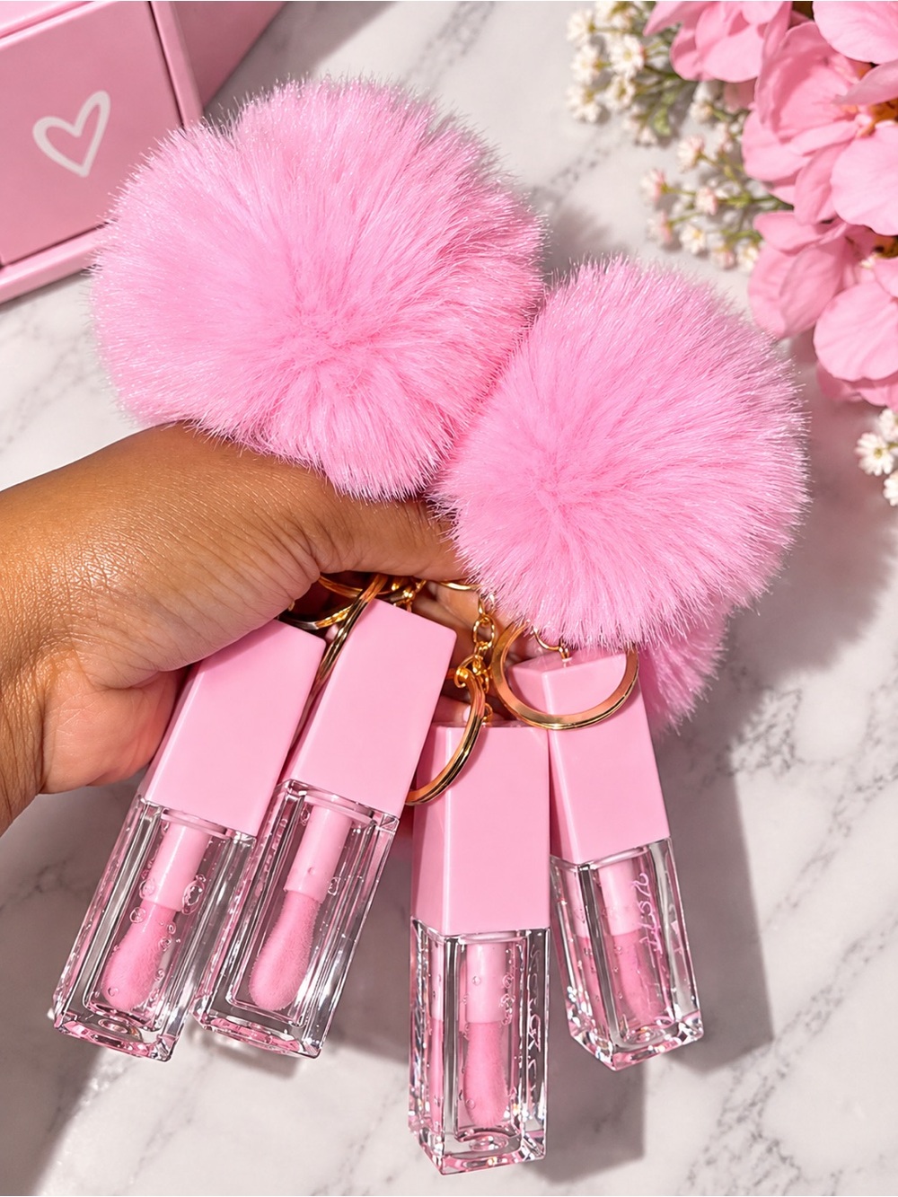 Pink Fuzzy Pom Pom Lip Gloss Keychain - Pinkl